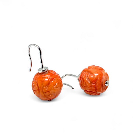 Carved Coral Hook Earrings